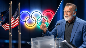 The Olympic Rings in Lake Placid, New York, on Jan. 9, 2023 next to Arnold Schwarzenegger at the Arnold Sports Classic on March 1, 2025.