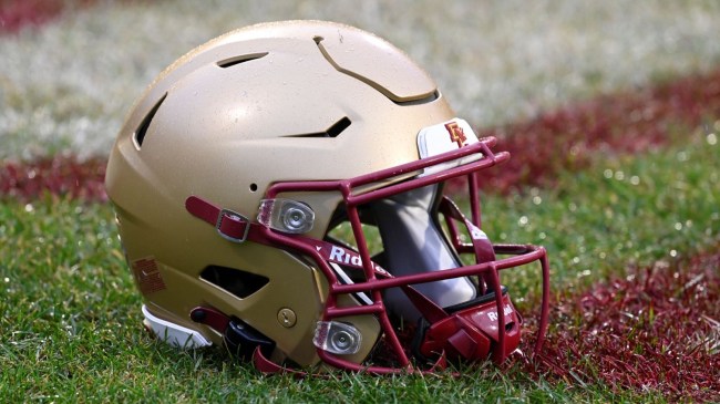 Dec 28, 2023; Boston, MA, USA; Boston College Eagles helmet pictured at the Wasabi Fenway Bowl between the Boston College Eagles and the Southern Methodist Mustangs at Fenway Park. 