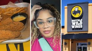 chicken tenders (l) woman shares Buffalo Wild wings experience (c) Buffalo Wild Wings entrance (r)