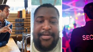man ordering drink (l) man shares old job story (c) club bouncer (r)