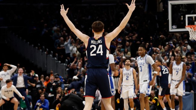 UConn guard Braylon Mullins celebrates after hitting game-winner to beat Duke