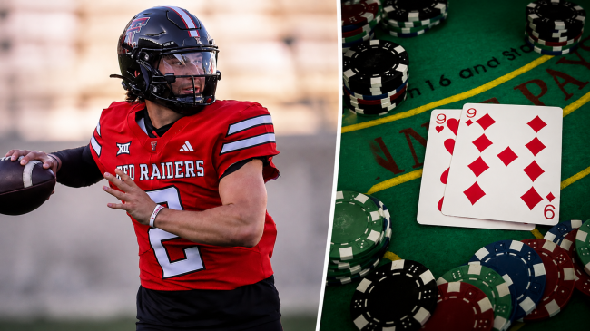 Brendan Sorsby looks to throw during the Texas Tech football team's spring game, Friday, April 17, 2026, at Jones AT&T Stadium alongside a photo of a blackjack table.