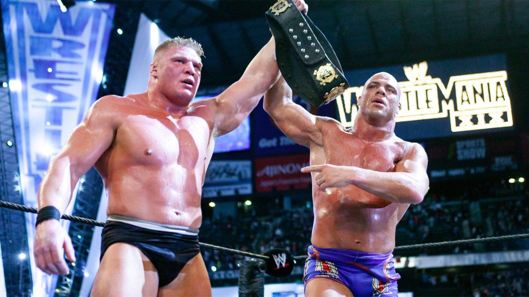 Brock-Lesnar-and-Kurt-Angle-celebrate-during-WrestleMania-XIX