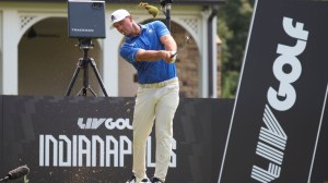 Aug 20, 2026; Westfield, Indiana, USA; Bryson DeChambeau tees off on hole three during the first round of the LIV Golf Indianapolis golf tournament at The Club at Chatham Hills.