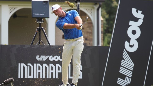 Aug 20, 2026; Westfield, Indiana, USA; Bryson DeChambeau tees off on hole three during the first round of the LIV Golf Indianapolis golf tournament at The Club at Chatham Hills.