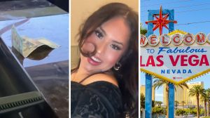 Hundred dollar bill (l) woman shares Las Vegas hack (c) Las Vegas sign (r)