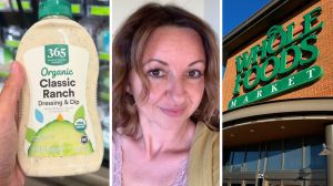 ranch dressing (l) woman shares ranch purchase issue (c) Whole Foods market entrance (r)