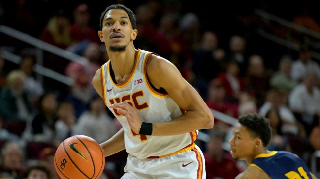 Dec 21, 2025; Los Angeles, California, USA; USC Trojans forward Chad Baker-Mazara (4) in the first half against the UC Santa Cruz Banana Slugs at Galen Center.