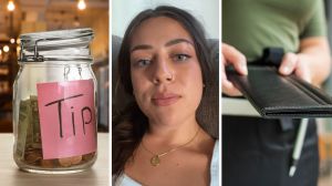 tip jar (l) waitress shares a day in the job (c) restaurant tab (r)