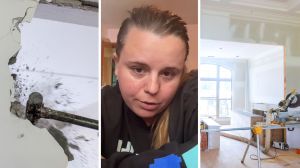 breaking walls (l) woman shares home renovation encounter (c) home renovation under process (r)
