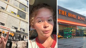 tiles on sale (l) couple share shopping hack (c) The Home Depot entrance (r)
