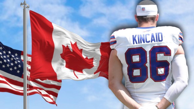 Bills tight end Dalton Kincaid next to Canadian and American flags