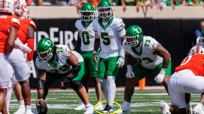 STILLWATER, OK - SEPTEMBER 12: Oregon Ducks quarterback Dante Moore (5) behind the line against the Oklahoma State Cowboys on September 12th, 2026 at Boone Pickens Stadium in Stillwater Oklahoma.