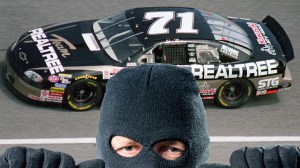 Dave Marcis in NASCAR race above burglar