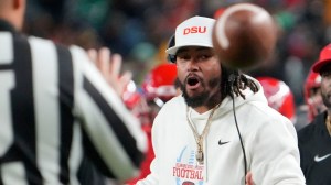 Delaware State head coach DeSean Jackson reacts to a call in the first quarter against Norfolk State at Lincoln Financial Field in Philadelphia, Oct. 30, 2025.
