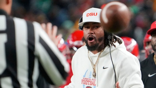 Delaware State head coach DeSean Jackson reacts to a call in the first quarter against Norfolk State at Lincoln Financial Field in Philadelphia, Oct. 30, 2025.
