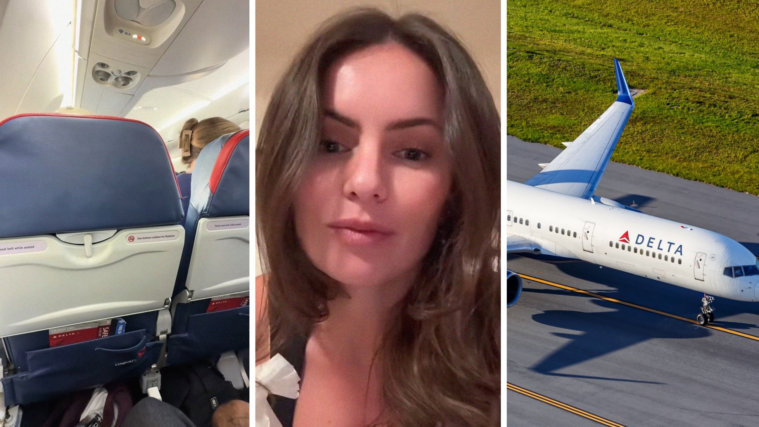 flight seats (l) woman shares Delta experience (c) Delta airlines (r)