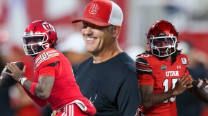 Utah QB Devon Dampier, offenstive coordinator Kevin McGiven, and QB Byrd Ficklin