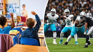 Sep 13, 2026; Paradise, Nevada, USA; Miami Dolphins quarterback Malik Willis (2) receives a snap in the first quarter against the Las Vegas Raiders at Allegiant Stadium. Alongside is a stock image of an elementary school class.