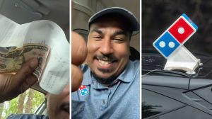 food order change (l) man shares food delivery experiences (c) Domino's pizza logo (r)