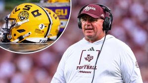 Sep 5, 2026; College Station, Texas, USA; Texas A&M Aggies head coach Mike Elko walks onto the field during a time-out in the first quarter against the Missouri State Bears at Kyle Field. A photo of an LSU Tigers helmet has also been added to the top left portion of the image.
