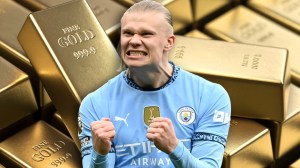 Erling Haaland in front of gold bars