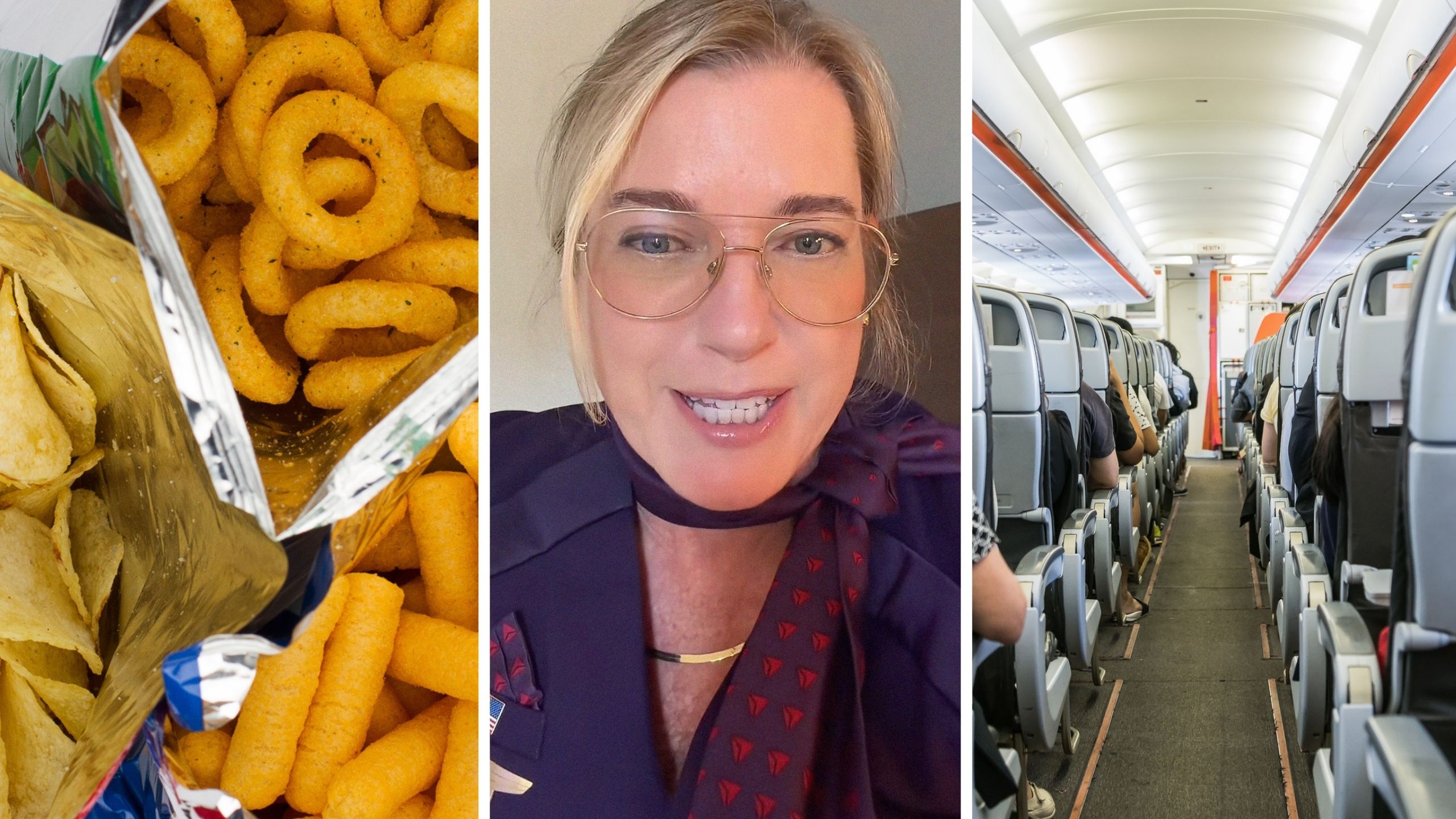 snack bags (l) woman shares job perks (c) Flight interior (r)