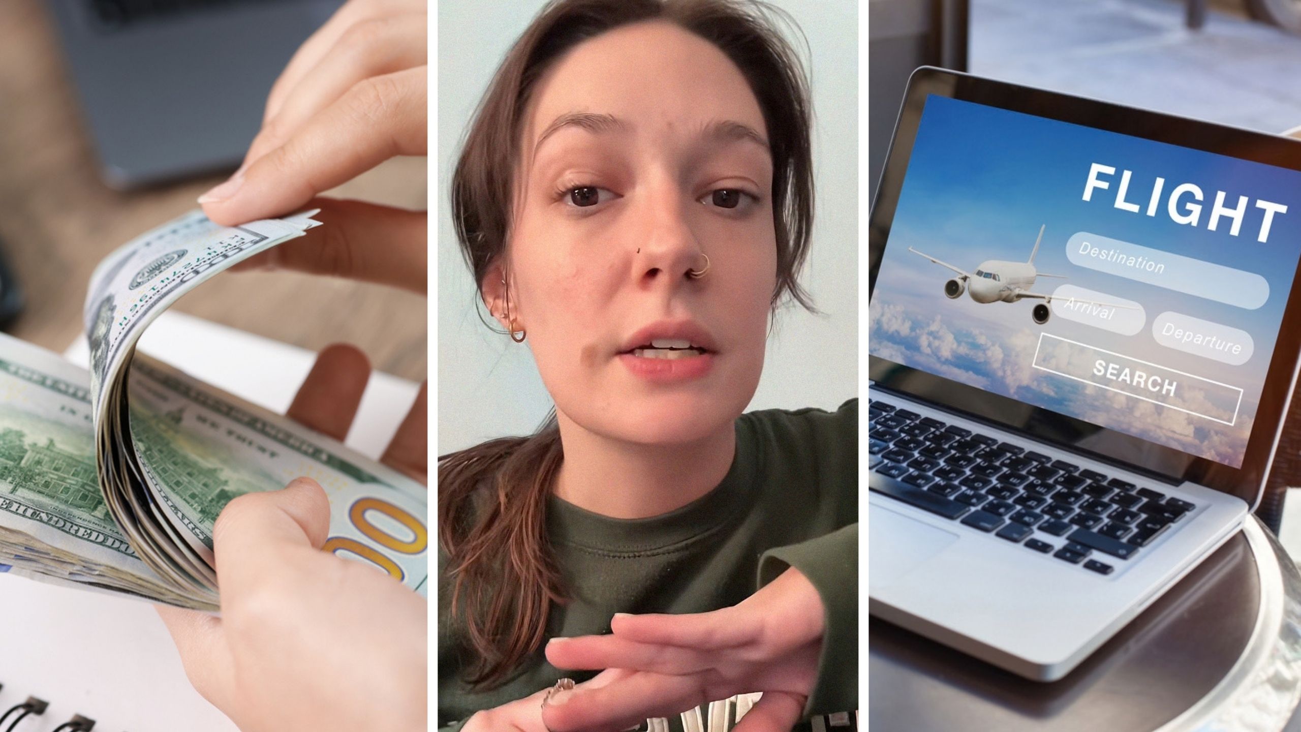 savings hundreds of dollars (l) woman shares travelling tips (c) booking flights (r)
