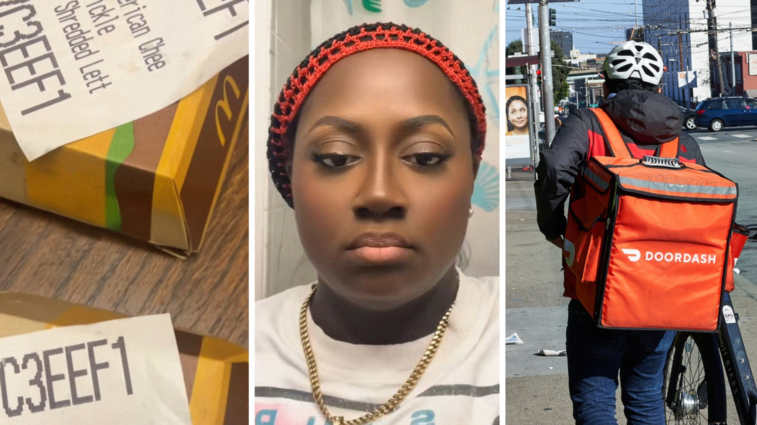 McDonalds food order (l) woman shares food order issue (c) Doordash delivery (r)