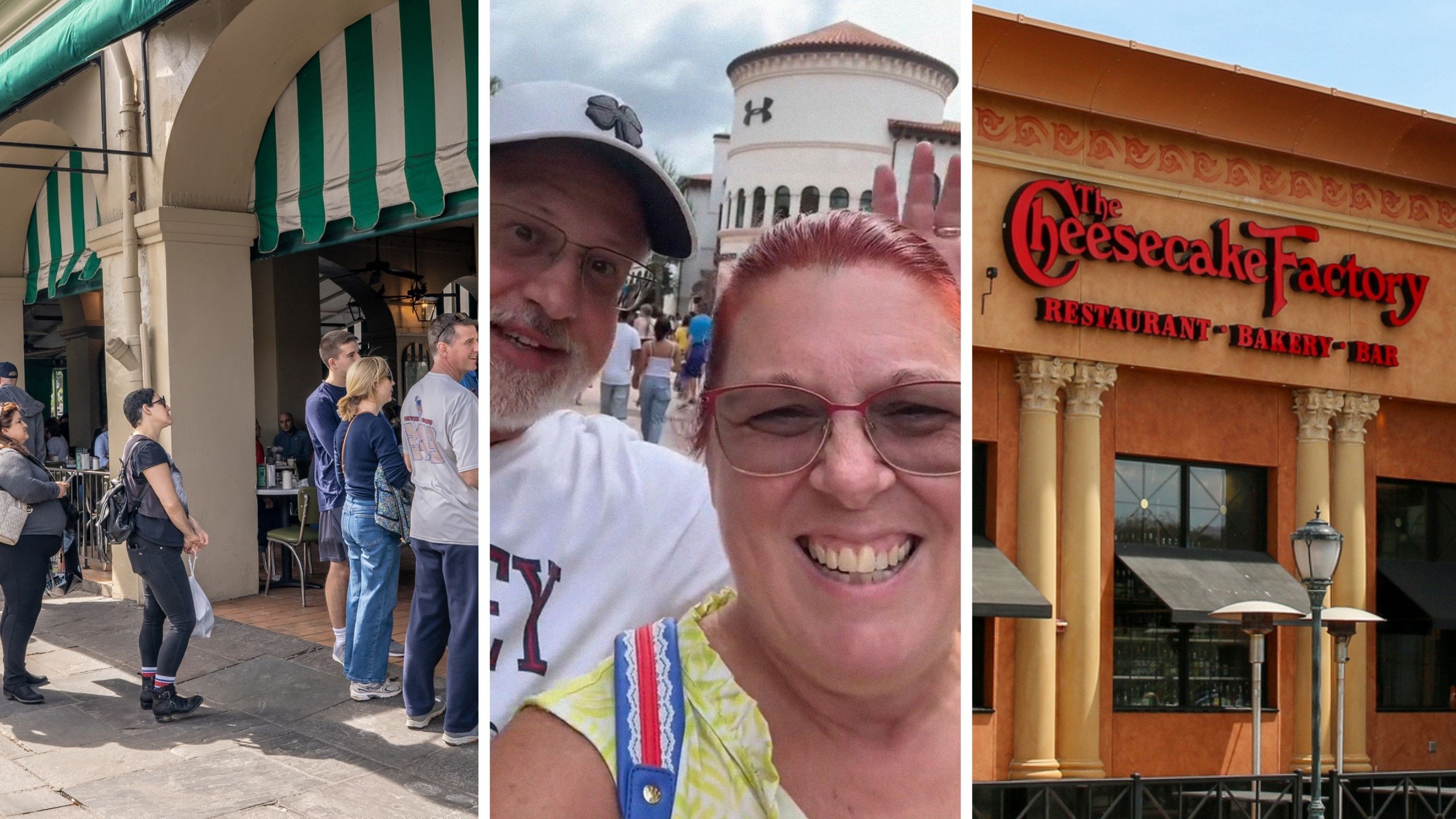 long waiting line (l) couple share cheesecake factory hack (c) The cheesecake factory (r)