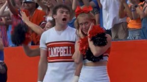 A Campbell Camels cheerleader covers her ears during a game against the Florida Gators in Ben Hill Griffin Stadium on Sept. 12, 2026.