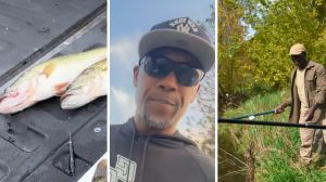 fish out of water (l) man shares fishing experience (c) man fishing (r)