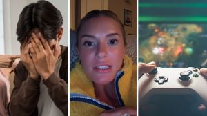upset man (l) woman shares gaming concern (c) playing video games (r)