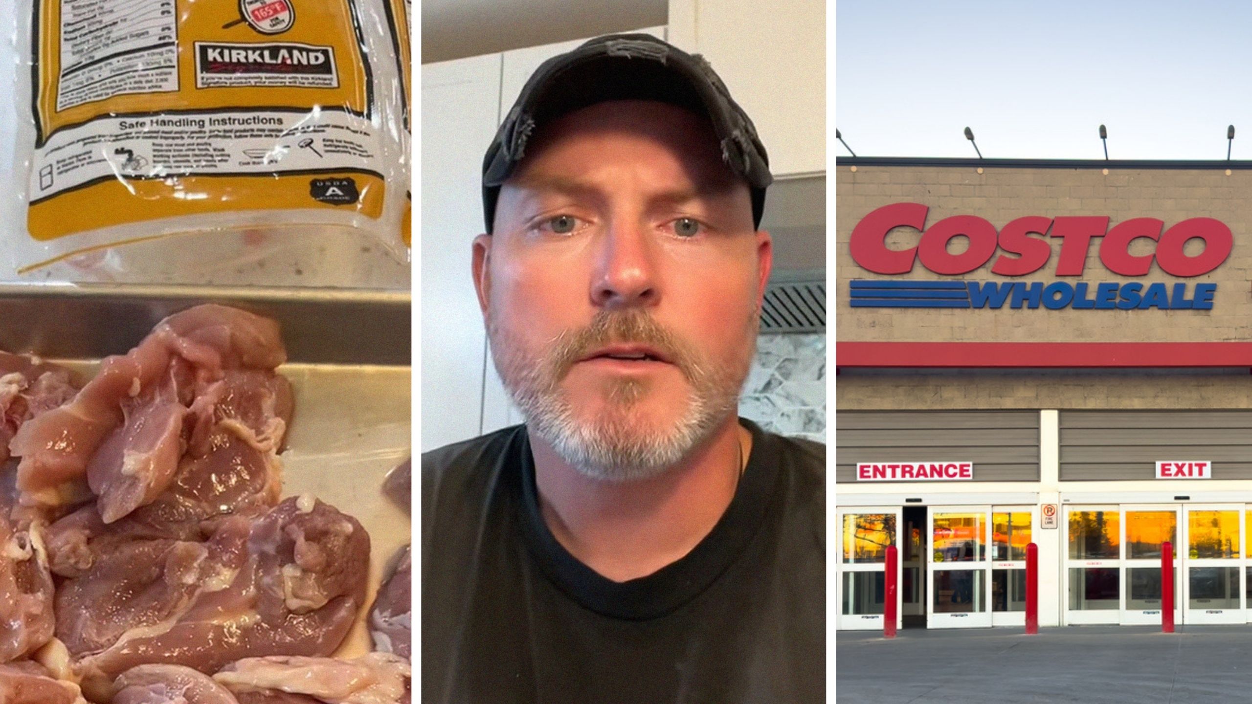 Kirkland chicken (l) man shares chicken purchase issue (c) Costco storefront (r)