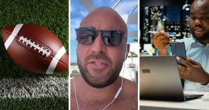 Football on field (l) man shares fantasy football issue (c) General manager (r)