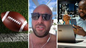 Football on field (l) man shares fantasy football issue (c) General manager (r)