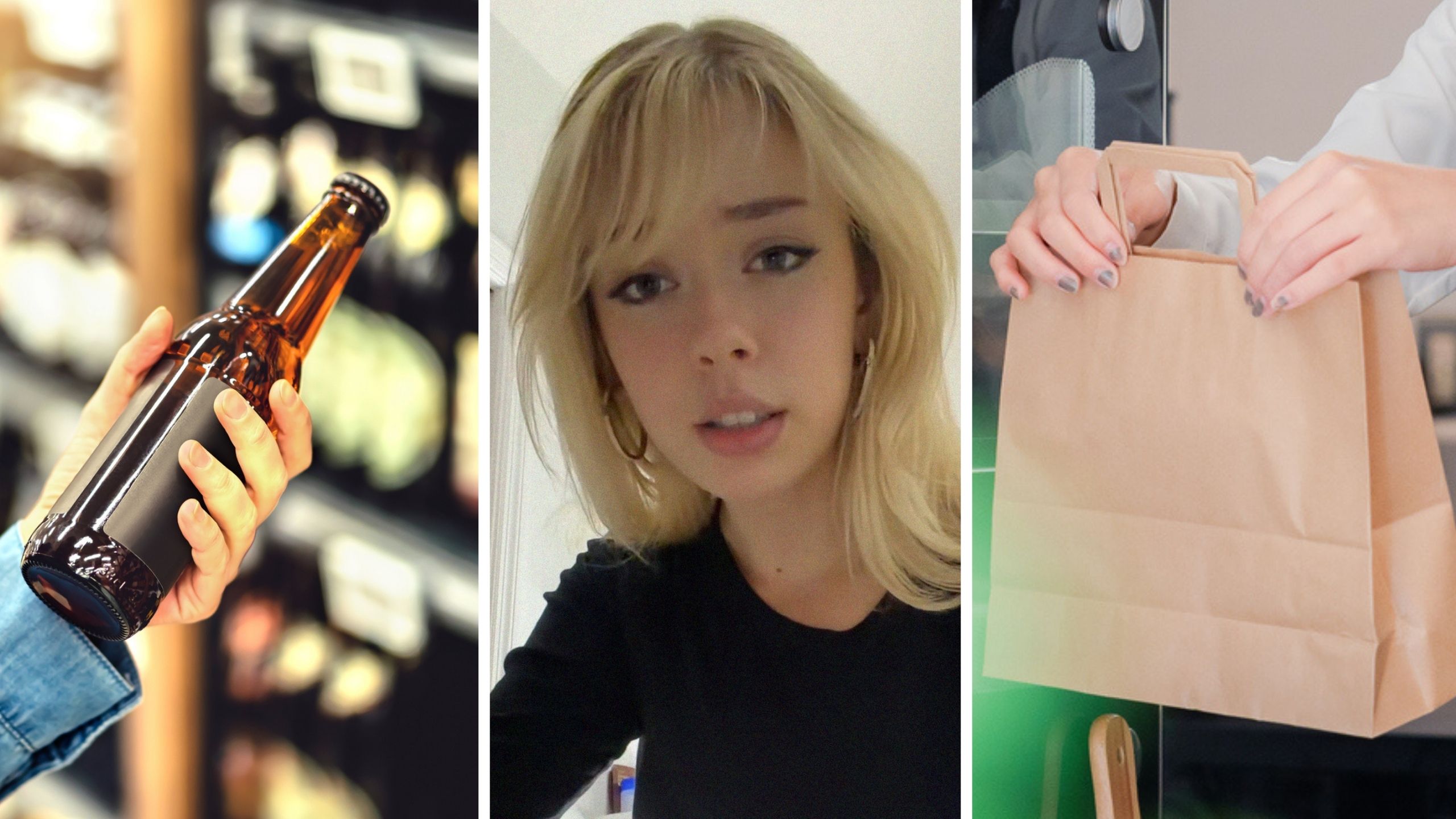 woman buying beer (l) woman shares gas station shop experience (c) cashier handing over a paper bag (r)