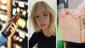 woman buying beer (l) woman shares gas station shop experience (c) cashier handing over a paper bag (r)