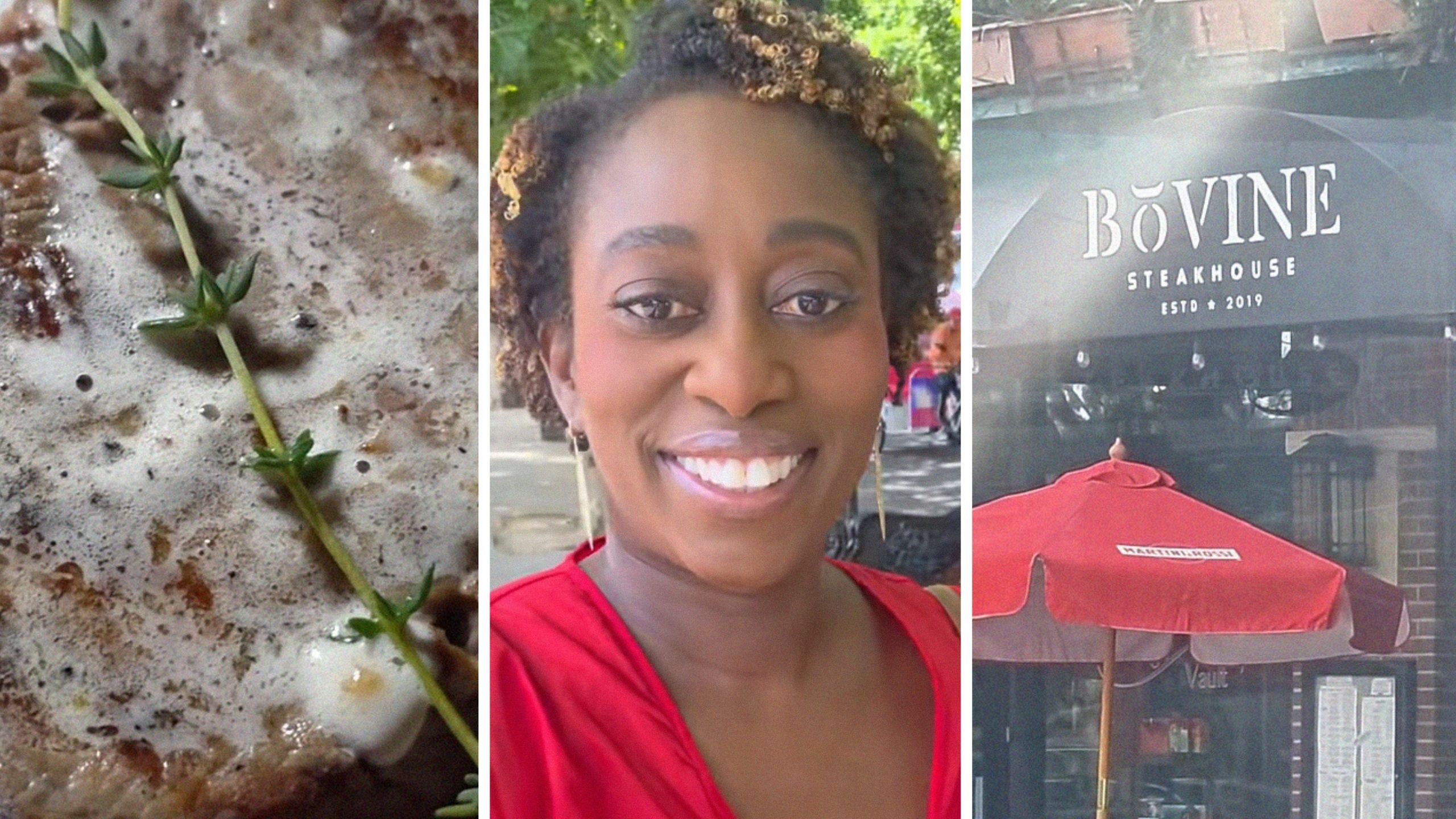 juicy steak (l) woman shares restaurant review (c) Bovine steakhouse entrance (r)