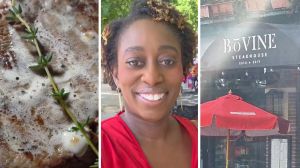 juicy steak (l) woman shares restaurant review (c) Bovine steakhouse entrance (r)