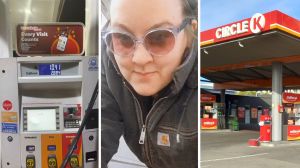 gas station pump (l) woman shares circle k experience (c) Circle K gas station (r)
