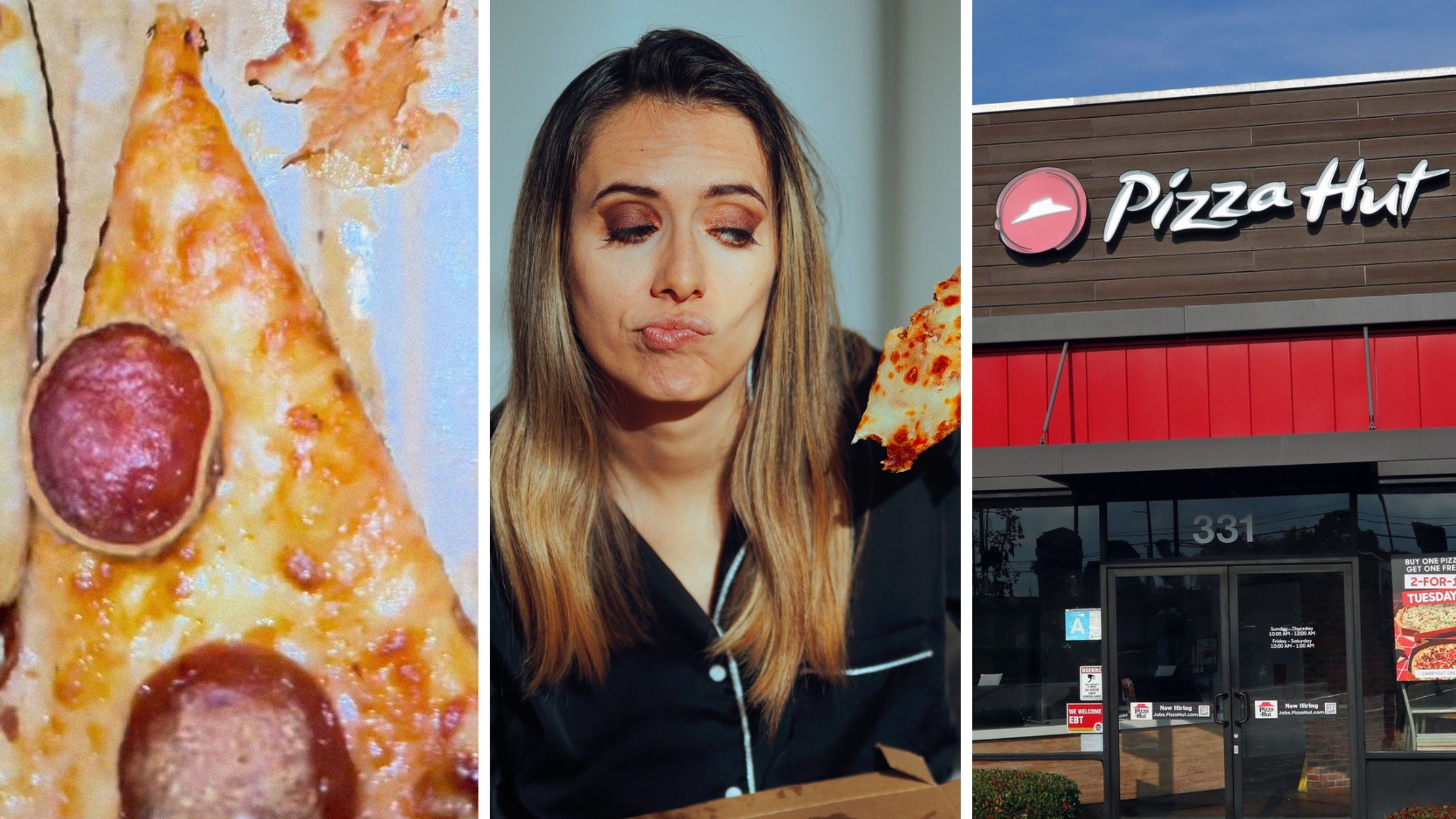 pizza slice (l) woman eating pizza (c) pizza hut entrance (r)