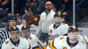 October 14, 2022; Tempe, Ariz; USA; ASU head coach Greg Powers watches his team play Colgate during a game at Mullett Arena. Ncaa Hockey Asu Hockey Opening Night At Mullett Arena Colgate At ASU