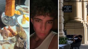 cuts of meat (l) man shares Brazilian Steakhouse experience (c) Fogo de Chão Brazilian Steakhouse entrance (r)