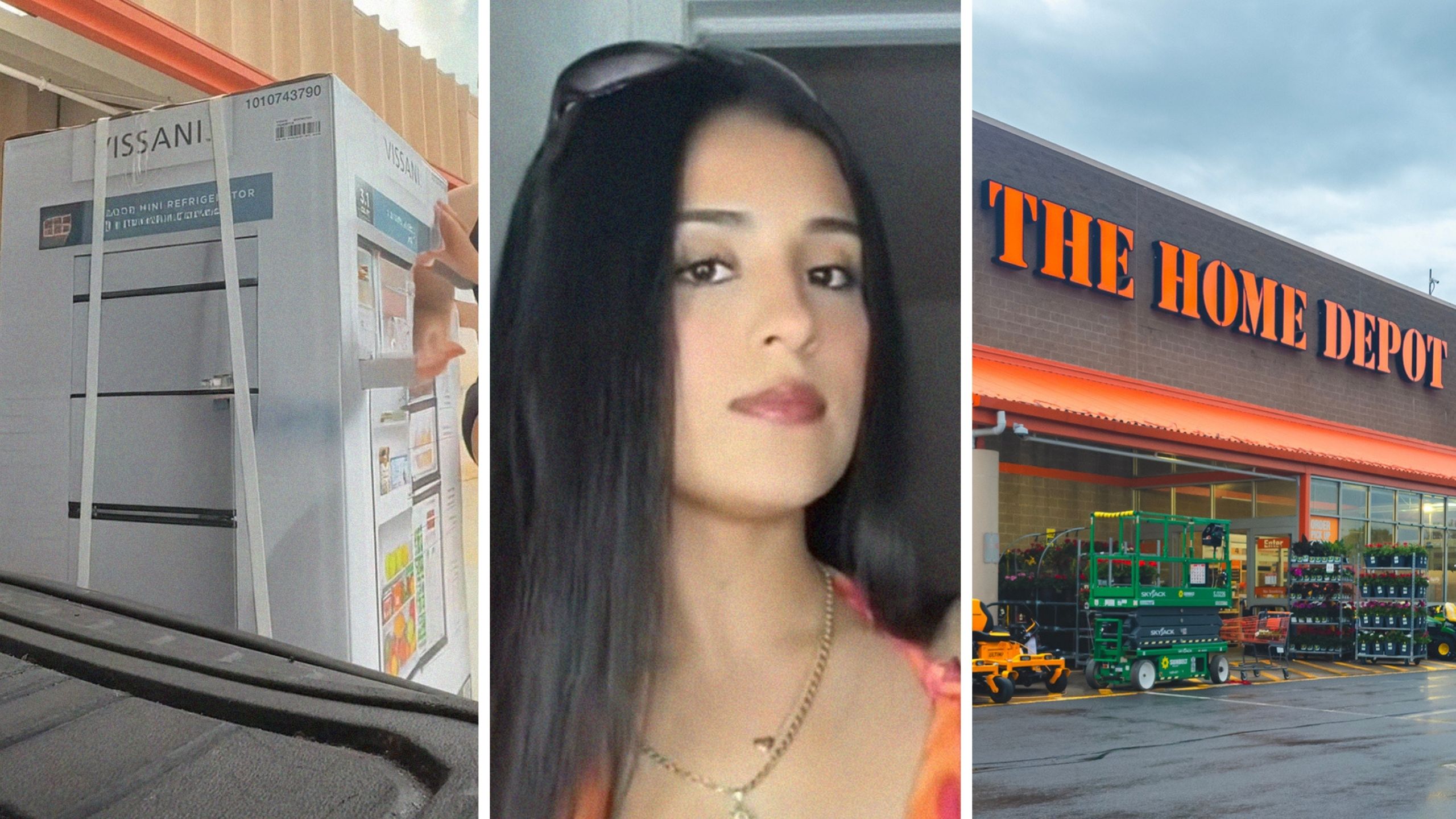 New Refrigerator (l) woman shares shopping experience (c) The Home Depot storefront (r)
