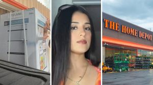 New Refrigerator (l) woman shares shopping experience (c) The Home Depot storefront (r)