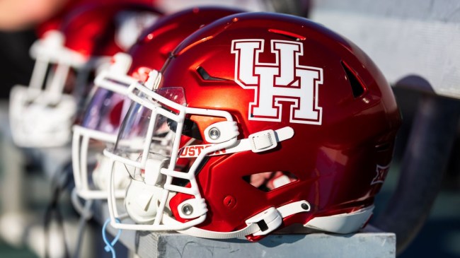 Oct 25, 2025; Tempe, Arizona, USA; Detailed view of a Houston Cougars helmet at Mountain America Stadium. 