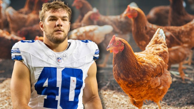 Cowboys FB Hunter Luepke next to chickens