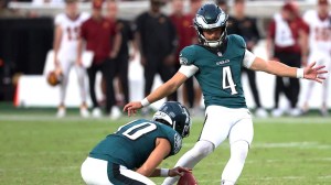 Philadelphia Eagles kicker Jake Elliott and punter Braden Mann during a kickoff against the Tennessee Titans.