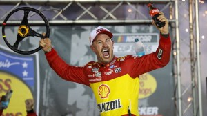 Sep 19, 2026; Bristol, Tennessee, USA; Team Penske driver Joey Logano (22) wins the Bass Pro Shops Night Race at Bristol Motor Speedway.